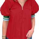 Womens Summer Blouse Tops Puff Sleeve Shirts Half Zip V Neck Dressy Casual Color Block T-Shirts (Red, S)