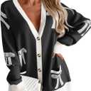 Saodimallsu Womens Oversized Cardigan Sweaters Bow Printed Button V Neck Long Sleeve Loose Knit Fall Trendy Coats (S)