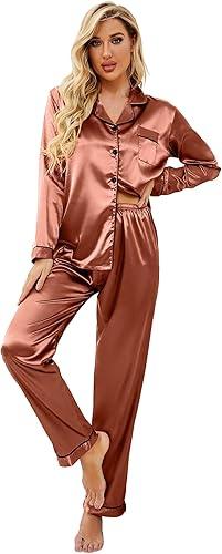 Women Satin Pajamas Button Down Long Silk Pants 2XL