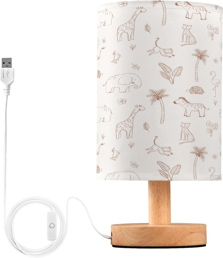 Kigai Safari Nursery Table Lamp for Kids Room LED Bedside Nightstand Lamp with USB Port, Small Nursery Lamp with Fabric Shade for Bedroom, Baby Room, Living Room