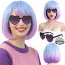 PLULON Blue Purple Ombre Bob Wig with Bangs, Colorful Short Funny Bob Wigs with Heart Sunglasses Hair Cap Cosplay Hairpieces for Halloween Costume Party Heat Temperature Synthetic Fiber for Women Men