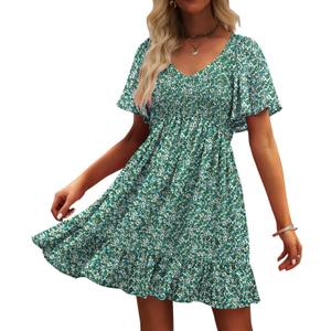 Womens Cute Floral Smocked V Neck Flutter Sleeve Sundress with Pockets Casual Spring Summer Dresses for Women 2025 (X-Large)