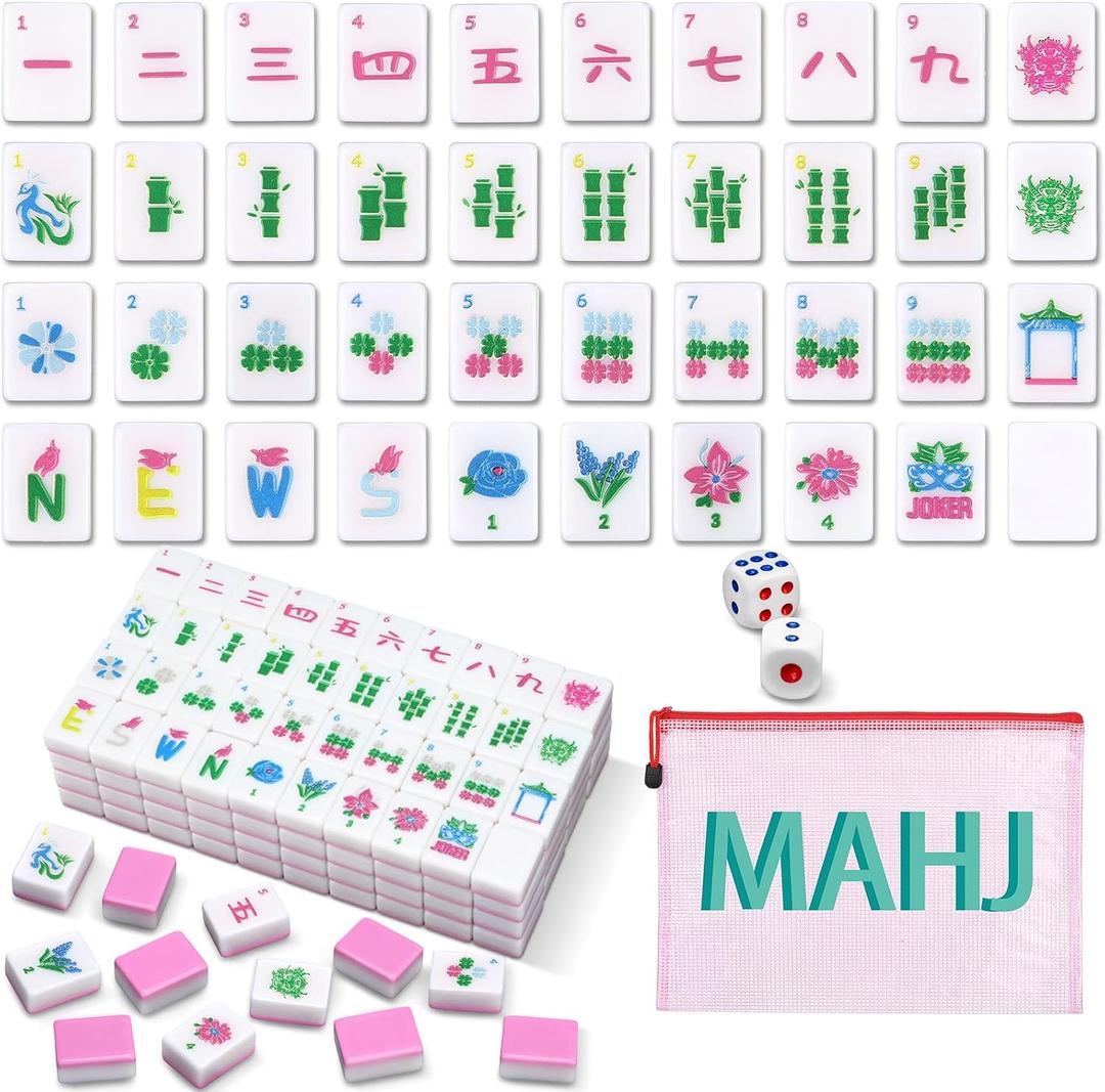 Soulchen Kaleidoscope Mahjong Tile Set 160 Mahjong Tiles 1.2'' Pink American Mahjongs Tile Set with Mahjongs Bag (Bamboo)