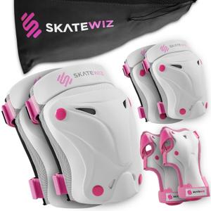 SKATEWIZ Knee and Elbow Pads Adult - Skating Protective Gear - PROTECT-1 - Size L Pink White - Wrist Guards Skating Pads, Skateboard, Roller Skate, Ice Skates For Women