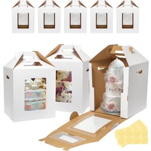 8 Pack Tall Cake Boxes for Tier Cakes 10x10x12 Inch Disposable Layer Tall Baking Carrier with Window Large Tierd Bakery Take Out Transport Containers with Handle for Wedding, Birthday, Party