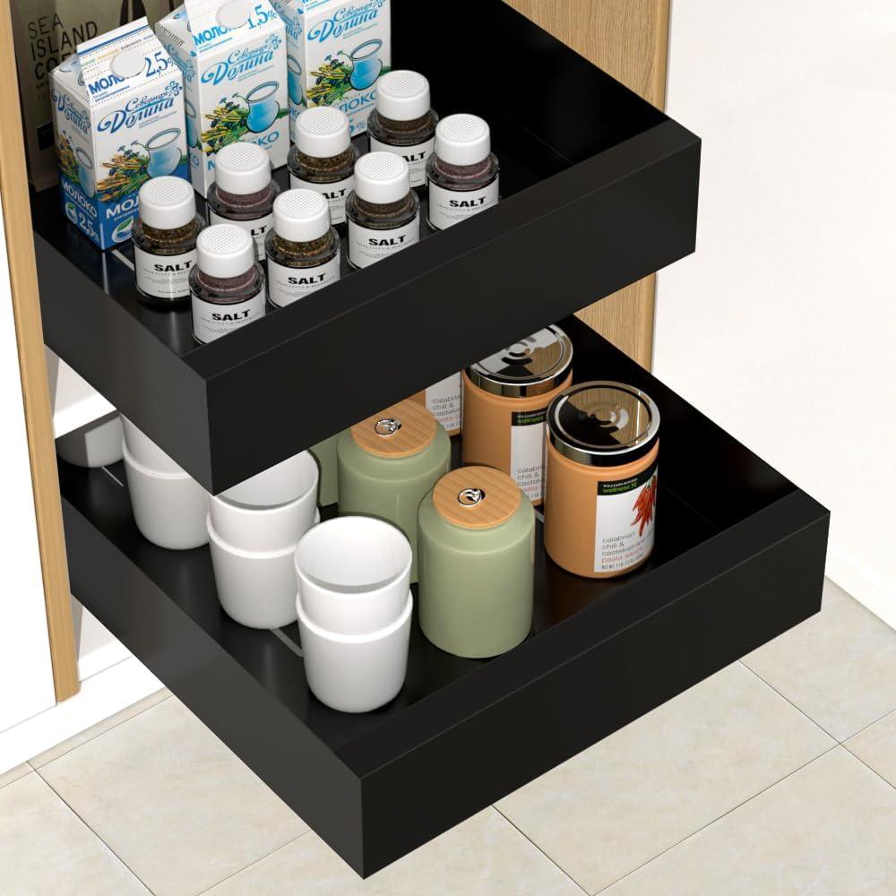 1Pack Pull Out Cabinet Organizer - Upgrade 2 Slide Rails Slide Out Drawers - for Kitchen Pantry Bathroom Closet - Pantry Storage Shelves with Nano Adhesive Strip for Kitchen (9.8"W X 16.5"D X 2.7"H)