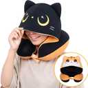 Travel Neck Pillow for Kids & Adults with Hood  Double-Sided Airplane Pillow,Cute Design,Cooling Ice Silk & Soft Velvet,Memory Foam Support,Adjustable Strap,Easy to Clean for Travel & Long Flights (Orange)