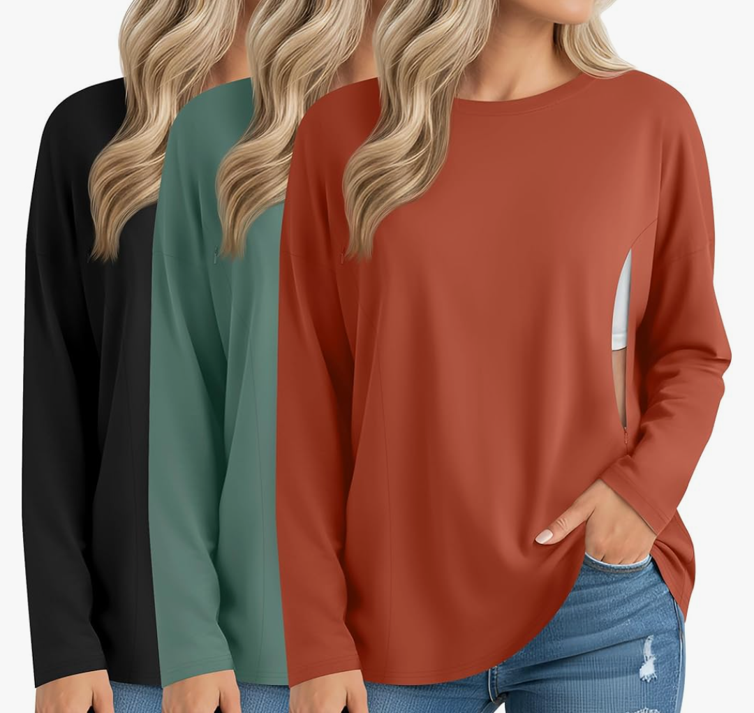 3 Pack Women's Nursing Breastfeeding Tops Long Sleeve Maternity Shirts Oversize Hidden Zipper Pregnancy Clothes,Large