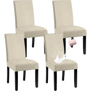 Waterproof Dining Chair Cover,Spandex Fabric Fit Stretch Chair Slipcover,Removable Washable Jacquard Parsons Chair Covers (Beige,Set of 4)