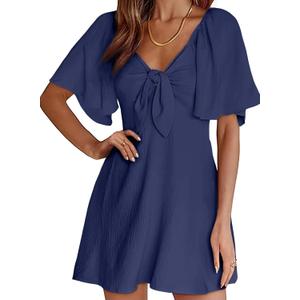 Dokotoo Navy Blue Women's Dresses Cute Spring Dresses for Women 2024 Casual Sexy Deep V Neck Ruffle Elegant Flowy Mini Short Skirt Dress (Blue, Medium)