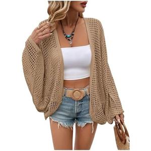 Verdusa Women's Oversized Summer Cardigan Lightweight Sweater Crochet Knit Beach Cover Up Spring Vacation Outfits, Apricot Small