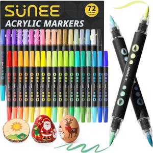 SUNEE 72 Colors Acrylic Paint Markers, 36 Pack Brush Tip Paint Pens with Automatic Ink Control System, Coloring Markers for Metal, Rock, Ceramic, Wood, Canvas, Glass, DIY Crafts Art Supplies Kit