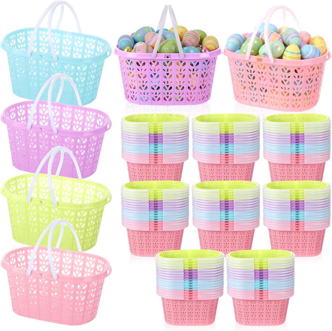Havawish Easter Baskets Bulk with Handle Small Colorful Plastic Eggs Baskets Easter Bucket for Egg Hunt Spring Party Favors(50 Pcs,Rectangular)