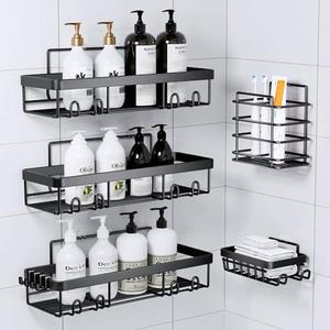 Posyla Shower Caddy, Bathroom Organizers, Black Shower Shelves for Inside with Soap Caddy & Toothbrush Holder, Stainless Steel Wall Rack Baskets Adhesives Mounted (3 PCS)