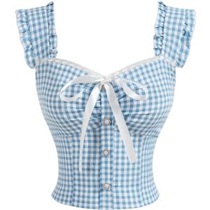 SweatyRocks Women's Bow Plaid Y2K Blouse Button Front Smocked Sleeveless Lace Tops (Small, Multicolor)