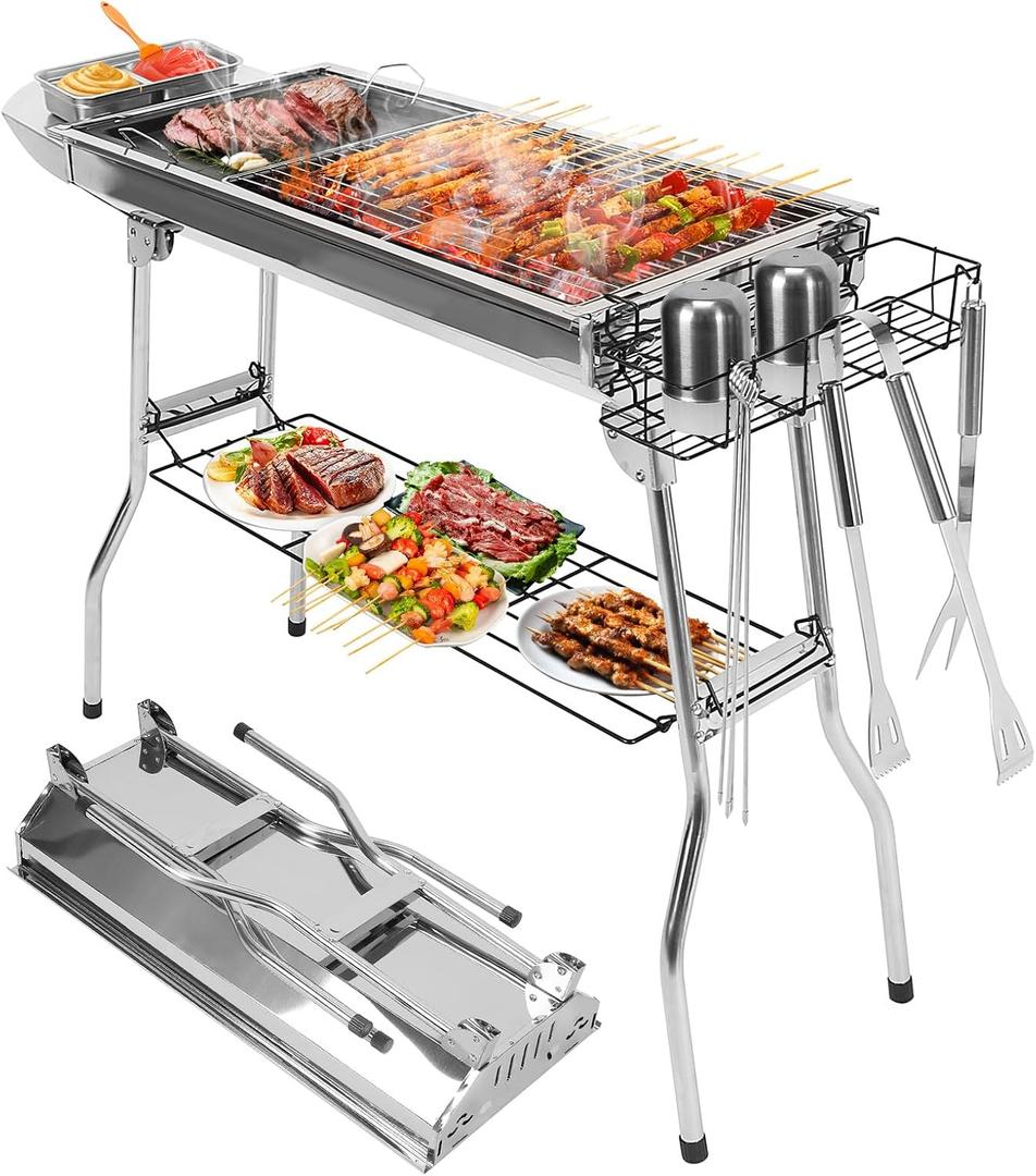 Portable Charcoal Grill, Folding Barbecue Grill with Storage Shelf, 39" x 13.39"x 27.56" Stainless Steel BBQ Smoker Barbecue Tool Kits for Outdoor Cooking Camping Hiking Picnics Backpacking (Large)