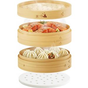 Prime Home Direct Bamboo Steamer Basket 8Inch | 2Tier Steamer for Cooking | 50 Liners | Small Instant Steaming Cookware Asian Food, Bao Buns, Chinese, Dim Sum, Dumpling, Rice, Vegetable Steam Pot