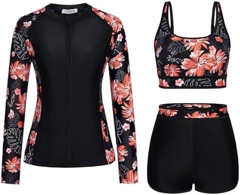 Kate Kasin Women's 3 Piece Rash Guard Long Sleeve Swimsuits Zip Up UPF 50+ Built in Bra Swim Shirts with Boyshorts Quick Dry,M