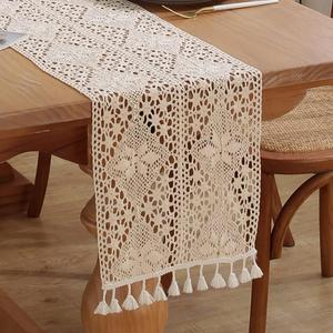meioro Crochet Lace Table Runner, 12x56 Inch Boho Cotton Table Runners with Tassels, Rustic Farmhouse Table Decoration 56 Inches Long, Mesh Woven Table Decor for Wedding Bridal Shower Party (12"W X 56"L)