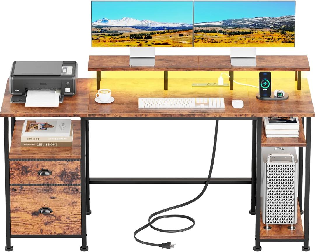 Furologee 61" Computer Desk with Power Outlet and LED Lights, Desk with Fabric File Cabinet Drawer, Large Reversible Table with Shelves and Monitor Stand, Writing Study Table for Home Office