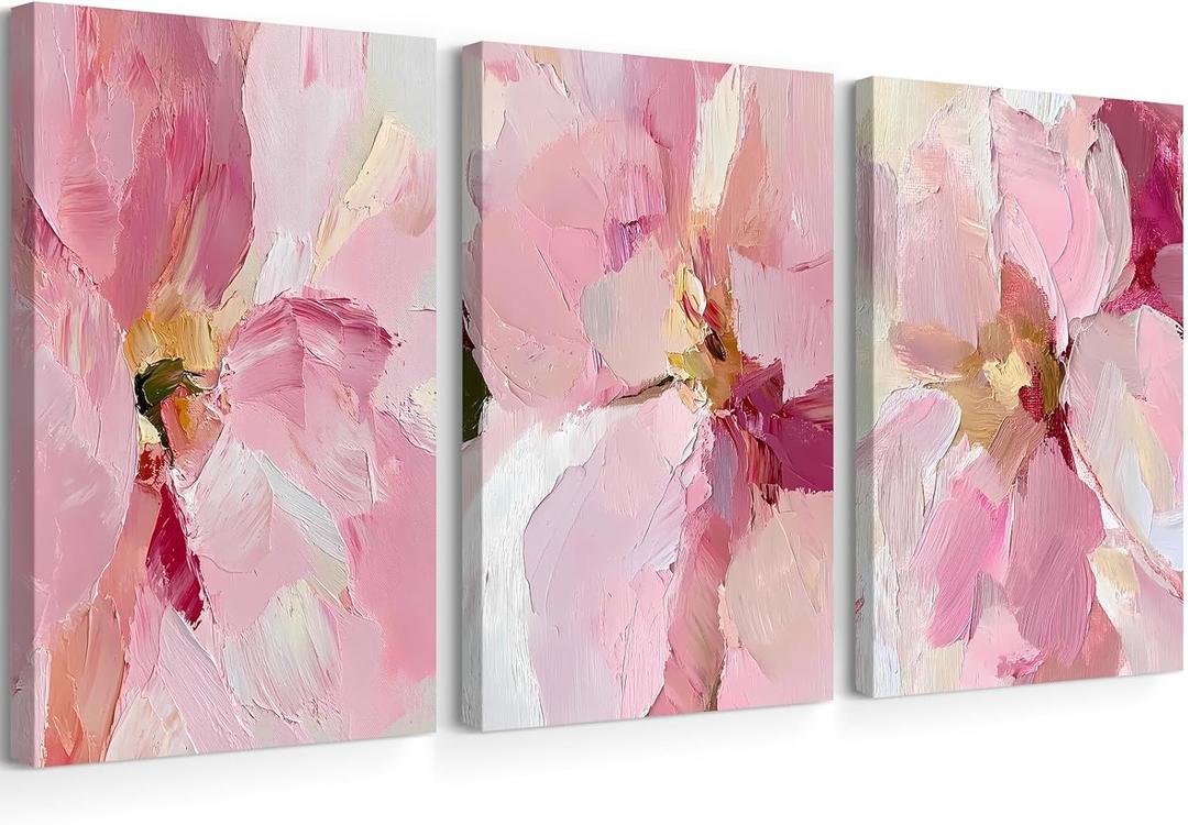 Abstract Floral Wall Art Pink Flower Canvas Pictures Modern Wall Decor Blush Pastel Pink Prints Peony Painting Minimalist Poster Botanical Artwork for Bedroom Living Room 16x24x3 Inch Ready to Hang