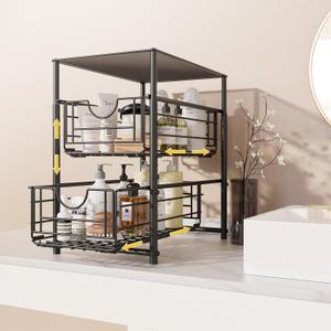 Under Sink Organizers and Storage, 2 Tiers Metal Adjustable Height Pull Out Cabinet Organizer, Stackable Slide Out Drawers for Kitchen Cabinets Bathroom Organizers and Storage