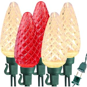 Brizled Red & Warm White C9 Christmas Lights, 33ft 50 LED Faceted Outdoor Christmas Lights, Connectable Xmas Tree Light, UL Certified Indoor Light String Waterproof for Outside House Roof Party Decor