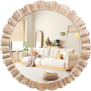 35" Wood Round Mirror, Rustic Wall Mirror with Thick Frame, Large Round Mirrors for Wall Decor, Wooden Circle Beveled Mirrors for Entryway, Farmhouse, Washed White
