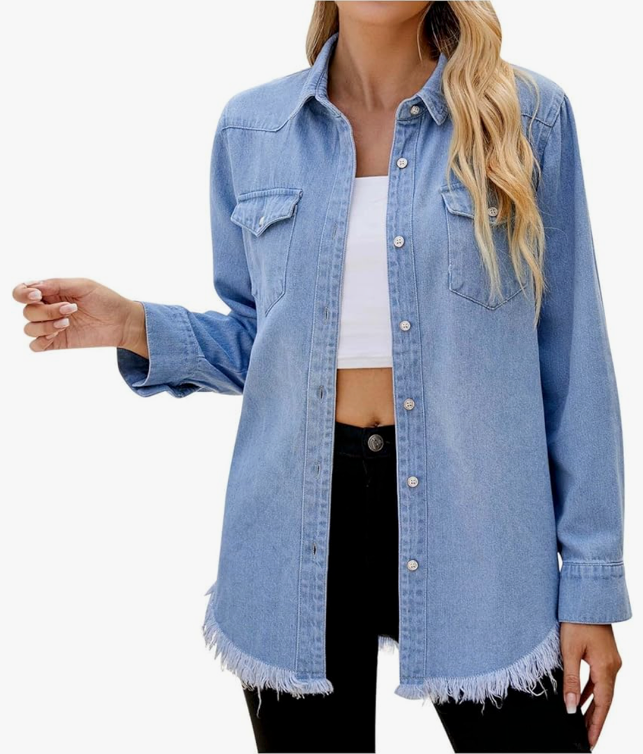 Womens Denim Shirts Frayed Raw Hem Collared Jean Shirts Trendy Long Sleeve Button Down Blouse with Pocket Streetwear, Size M