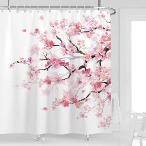 Pink Cherry Shower Curtain 72''W x 72''L Standard White Floral Flower Sakura Plum Blossom Japanese Asian Anime Cute Girl Girly Pretty Style Polyester Fabric 12 Pack Plastic Hooks