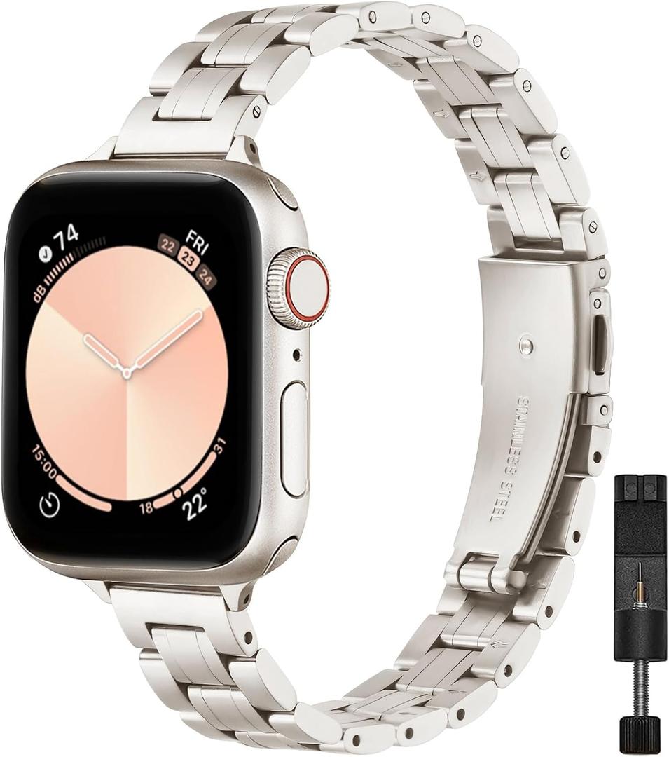 STIROLL Thin Replacement Band Compatible for Apple Watch 49mm Ultra 3 2 1, 46mm Series 11 10,45mm Series 9 8 7, 44mm Series 6 5 4 SE, 42mm Series 3 2 1, Stainless Steel Metal Wristband iWatch Bands for Women, Starlight(No Case)