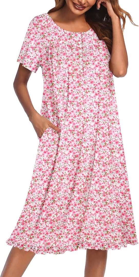 Ekouaer Nightgowns for Women with Pockets Button Front Short Sleeve House Dresses Floral Print Mumu Dress, Size L