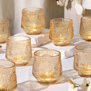 12pcs Large Gold Votive Candle Holders, 3.16"3.16" Tea Lights Candle Holders with Vintage Floral Design, Gold Centerpieces for Table, Votive Candle Holder for Wedding, Party Table Decor