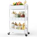 LEHOM 3 Tier Rolling Storage Cart, Metal Trolley Utility Cart with Wheels & Hooks, Easy Assembly Organizer Storage Cart for Bathroom Kitchen Office Bedroom White