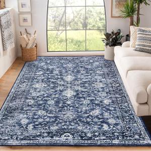 KILOCOCO Area Rug 4x6 Entryway Rug Washable Printed Vintage Floral Rubber Backed Non Slip Indoor Kitchen Rugs for Laundry Room Playroom Bedroom Living Room Moroccan Area Rugs, Navy Blue