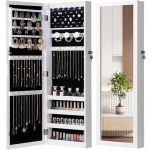 Nicetree 6 LEDs Mirror Jewelry Cabinet, Large Capacity Lockable Jewelry Armoire Organizer, Door or Wall Mounted Mirror with Jewelry Storage, Gift Idea, White