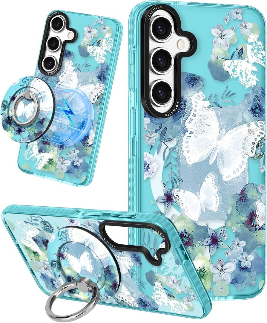 for Samsung Galaxy S23 FE Case for Women - Girls Cute Design Compatible with Magsafe Magnetic Ring Holder Stand Butterfly Phone Covers Aesthetic Girly TPU Funda for S23 FE