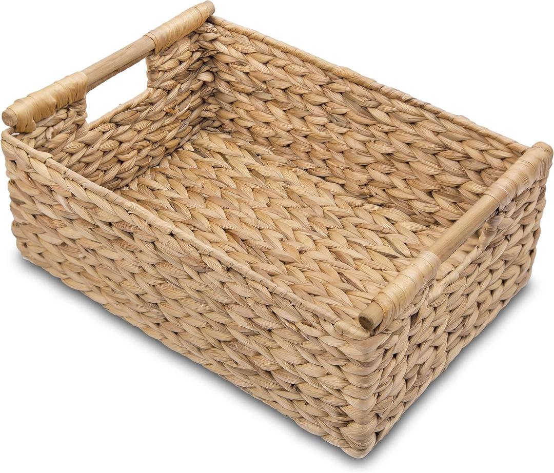 VATIMA Hyacinth Large Wicker Basket 15.5x10.8x6.2" - Rectangular, Wooden Handles, Shelf Organizer