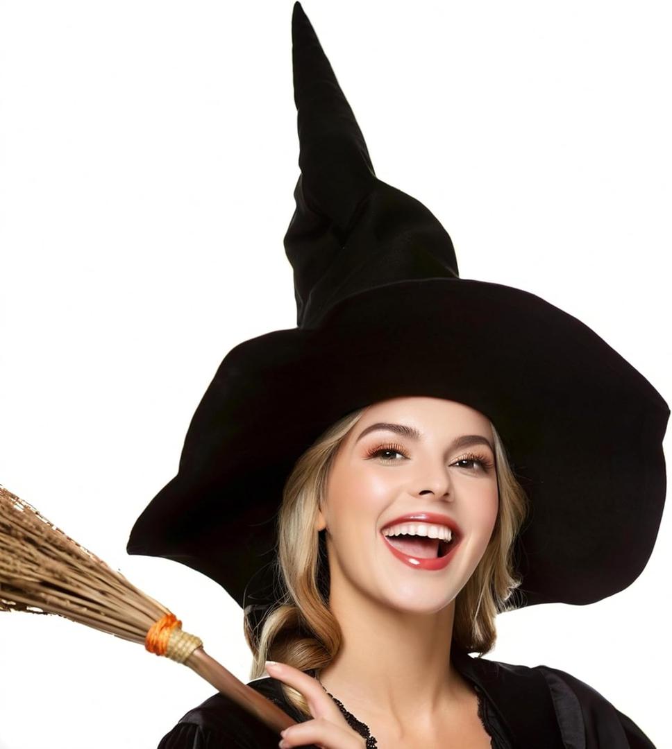 Witch Hat Adult, Ruched Witches Hat for Women, Velvet Wizard Hats for Halloween Party Cosplay Costume Accessory (Black)