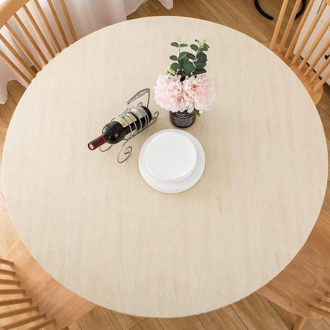 Round Vinyl Fitted Tablecloth with Flannel Backing Elastic Table Cloth Waterproof Oil-Proof Plastic Cover- Fits Tables up to 40" - 44" Diameter (Cream Wooden)