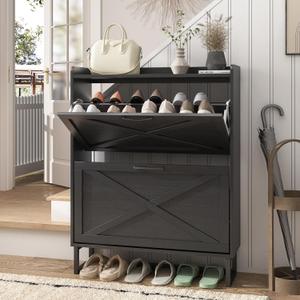 Maupvit Shoe Storage Cabinet with 2 Flip Drawers, Freestanding Organizer with Metal Legs for Entryway, Narrow Shoe Rack Cabinet, Black (Black)