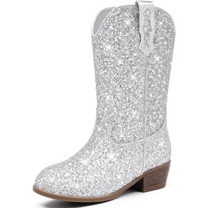 Glitter Girls Cowgirl Boots Sparkly Cowboy Dress Boots For Toddler To Big Kid Mid Calf Pointed Toe Party Birthday Horse Riding (Silver Sequins)