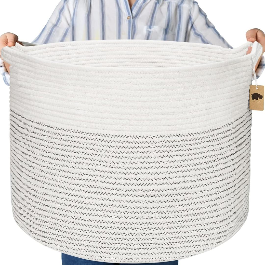 Little Hippo Baskets XXXL Large Cotton Rope 22"x22"x14" Storage Woven Blanket Living Room Toy Basket for Organizing, Baby Gift, Kids Organizer (White with Stitching)