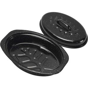 13 Inch Small Roasting Pan with Lid - Covered Oval Roaster - Enamel Carbon Steel Roaster Pot - Excellent Heat Distribution and Non-sticky - for Turkey Chicken Meat & Vegetables