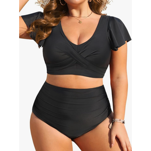 Daci Plus Size Two Piece Bikini Swimsuits - High Waisted Tummy Control Women Bathing Suits with Ruffle Sleeve Swimwear Size 16
