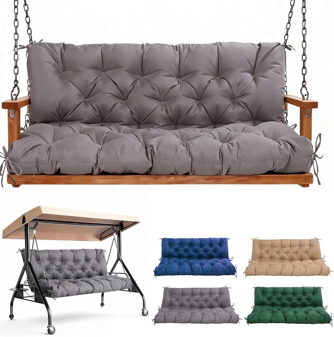Porch Swing Cushions 60 Inch,Waterproof Patio 2 3 Seater Replacement for Outdoor Furniture with Backrest&Strap,Thick 4" Swing Seat Cushion for Loveseat Garden Glider Bench Lawn Backyard,Dark Gray