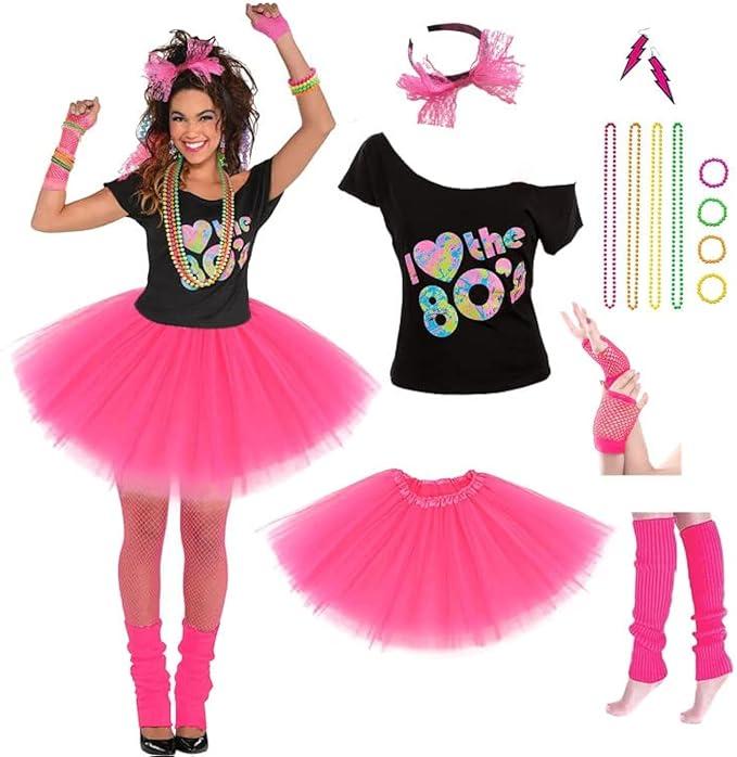 Women's 80's Costumes with Accessories Set Tutu Skirt Earrings Necklace Bracelets Fishnet Gloves Legwarmers Headband All in … XL12-14Y