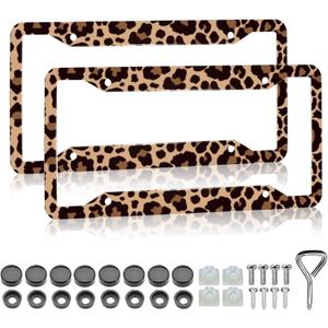 Leopard Print License Plate Frame - 2 Pack Animal Brown Leopard Cheetah Print Tags Frames Holder Covers, Car Decorative Tag Frames for Standard US Canada License Plate Holder 4 Holes 12x6 Inch