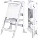 Toddler Tower Foldable with 3 Adjustable Heights & Double-Sided Drawing Board, Montessori Kitchen Step Stool Helper, Learning Stool with Safety Rail, Standing Tower for Counter Bathroom Sink (White)