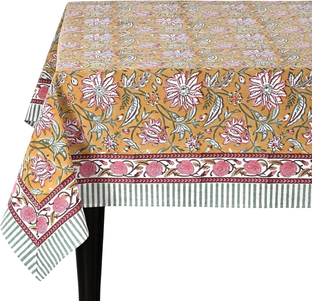 Ridhi Biscotti Yellow Hand Block Print Cotton Rectangle Tablecloth 108" x 70" inches Reusable Table Cover Decorative Everyday Use for Dining Room, Farmhouse, Home Gift for Spring, Mother's Day